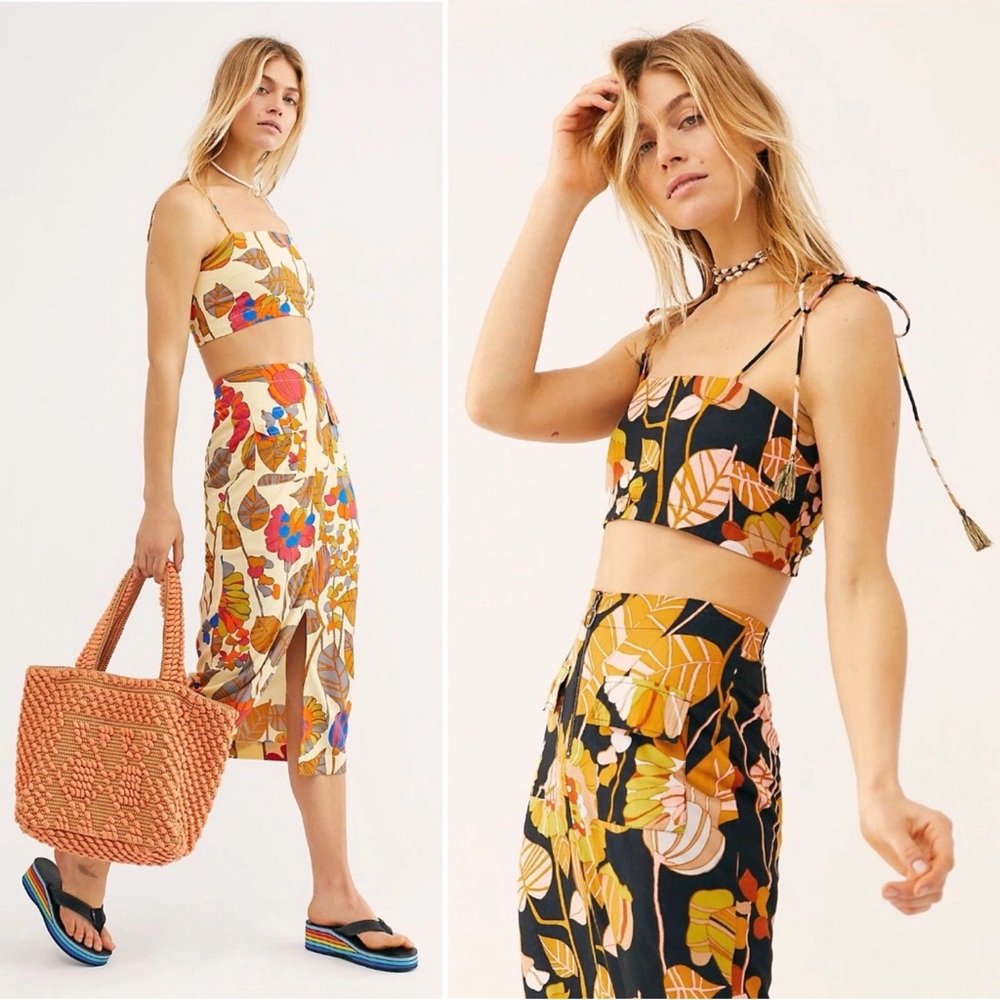 Free People Bali orange sunshine 2 set crop top midi skirt